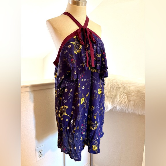 NWT S Dance & Marvel Blue Red Halter Ruffle Floral Dress - Picture 1 of 8